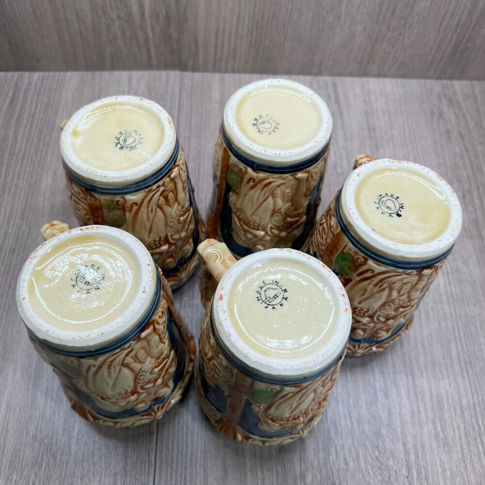 Vtg Ceramic Beer Stein Set w/Lidded Pitcher & 5 Mugs Made in Japan Blue Tan - Picture 11 of 16